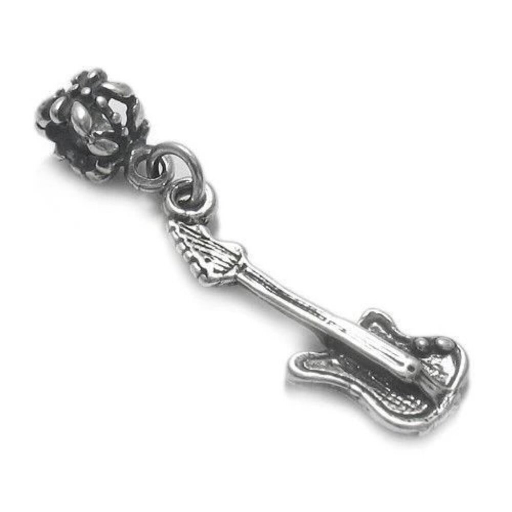 ELECTRIC GUITAR CHARM IN 3D WITH EURO BEAD. STERLING SILVER